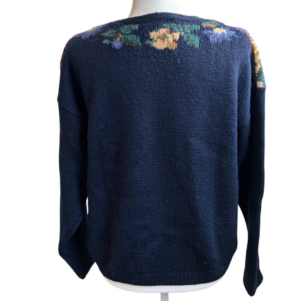 Vintage Talbots Hand Knit 100% Wool Flowers Cardigan Large Cottage Core Floral - Picture 3 of 6